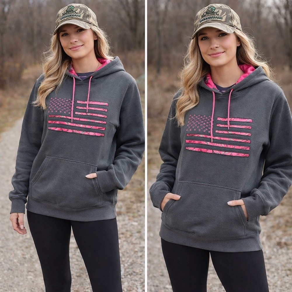 Mossy Oak NEW Womens Hoodie Charcoal Grey Pink Camo American Flag Pullover Large